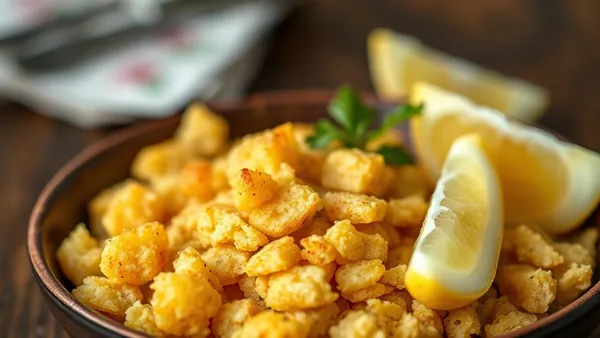 Farofa de manteiga dourada e granulada servida em tigela de barro, com farinha de mandioca torrada visível e cheiro de manteiga tostada