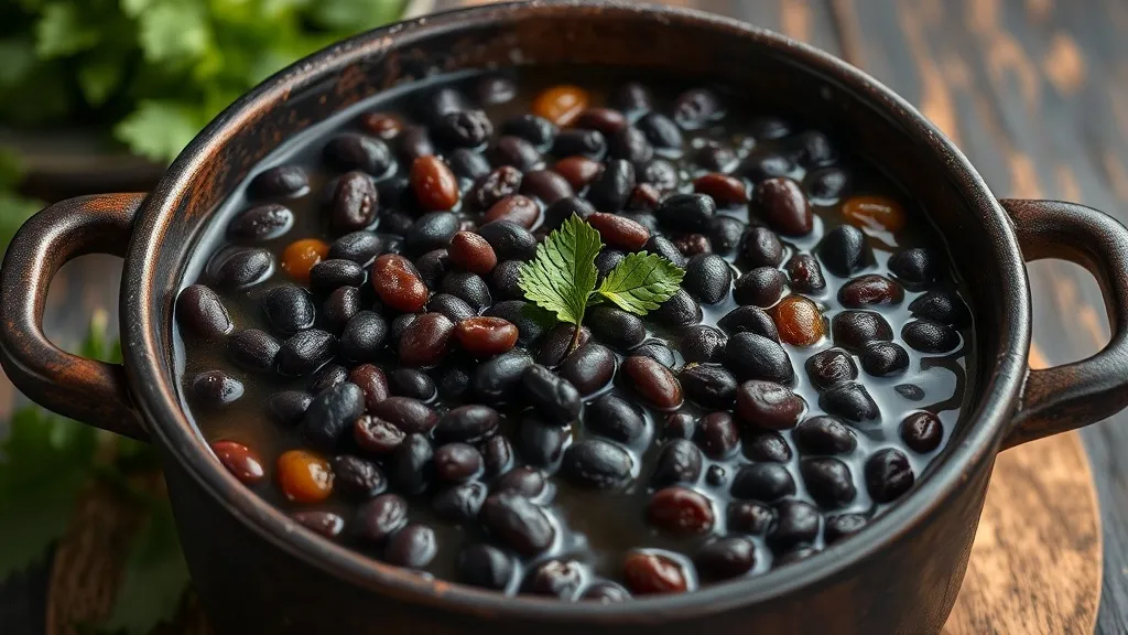 Panela de pressão com feijão preto cozido, caldo escuro e cremoso, colher de pau apoiada na borda
