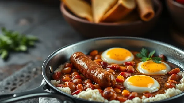 Frigideira com feijão tropeiro soltinho, torresmo crocante, linguiça fatiada, ovos mexidos e cebolinha verde picada