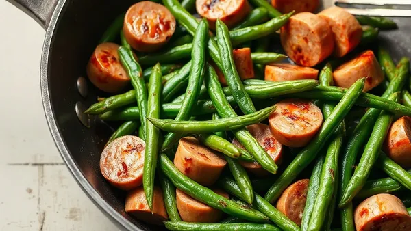 Feijão-verde refogado com rodelas de linguiça dourada, tomate e alho em frigideira de ferro