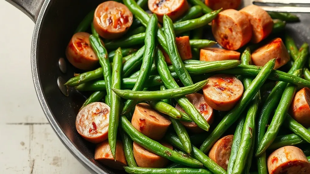 Feijão-verde refogado com rodelas de linguiça dourada, tomate e alho em frigideira de ferro