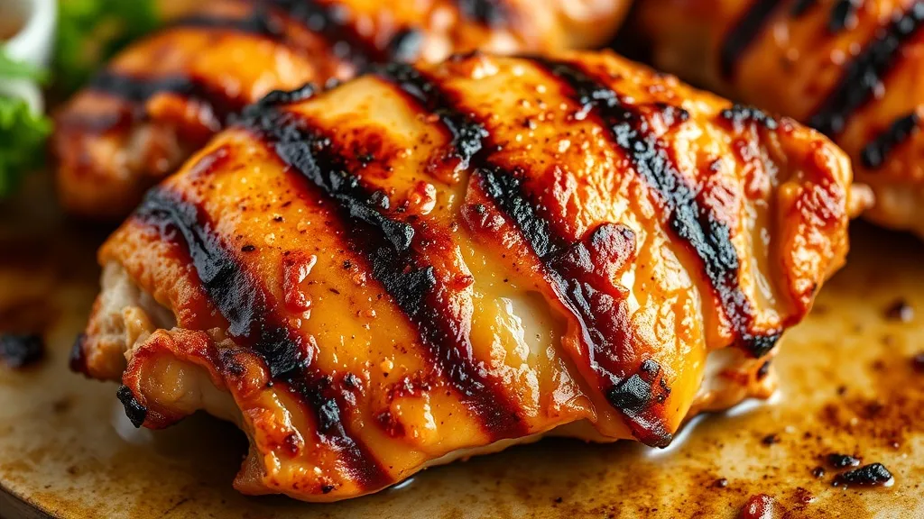 Filé de frango grelhado dourado numa frigideira de ferro, com crosta levemente caramelizada e corte ao meio mostrando interior úmido