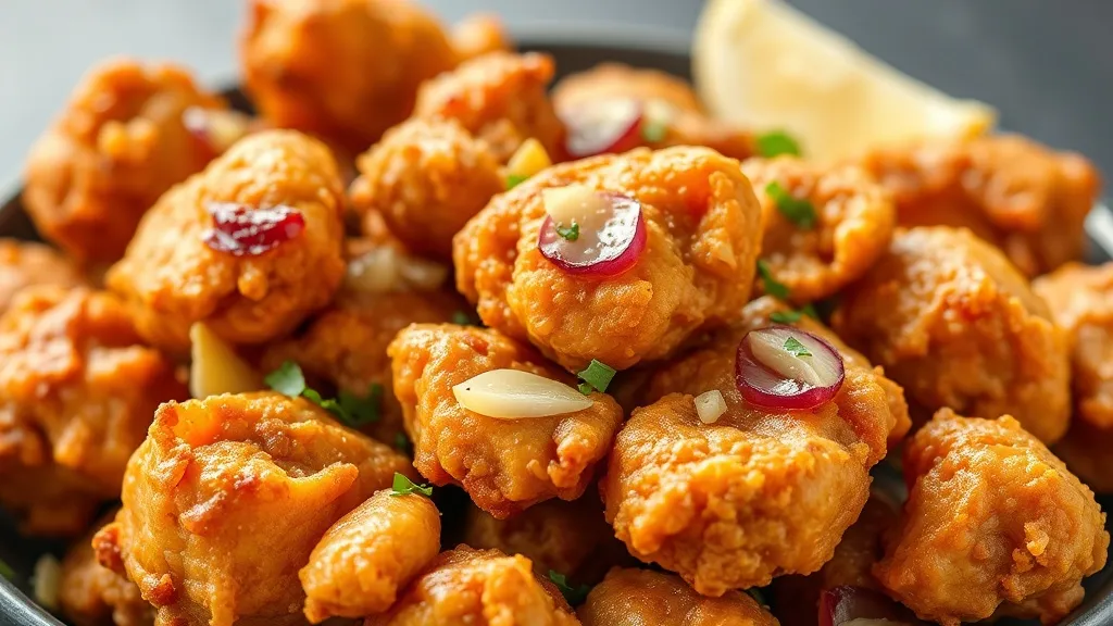 Pedaços de frango à passarinho dourados e crocantes na frigideira, salpicados de alho frito e salsinha
