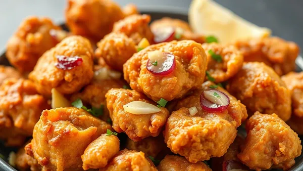 Pedaços de frango à passarinho dourados e crocantes na frigideira, salpicados de alho frito e salsinha