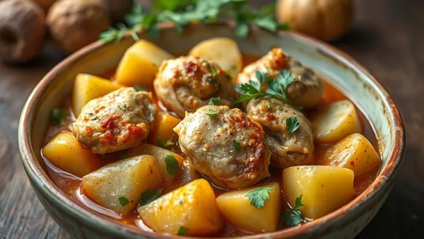 Panela de barro com frango ensopado dourado, batatas macias e molho encorpado, finalizado com cheiro-verde