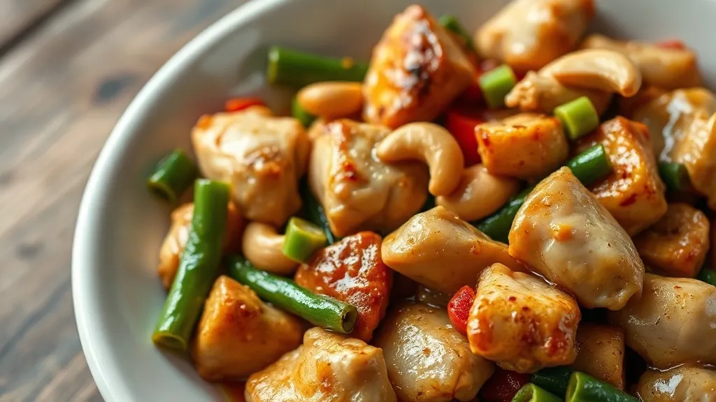 Frigideira com frango xadrez caseiro: pedaços dourados de frango, pimentão vermelho e verde, castanha de caju e molho brilhante