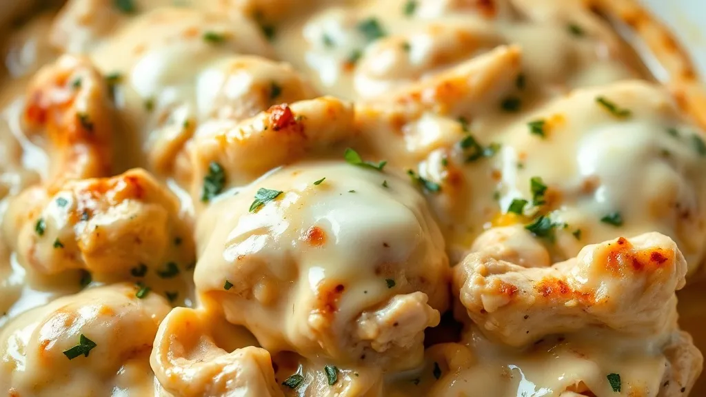 Travessa de fricassê de frango gratinado, com crosta de queijo dourada e borbulhante, creme amarelo aparecendo nas bordas