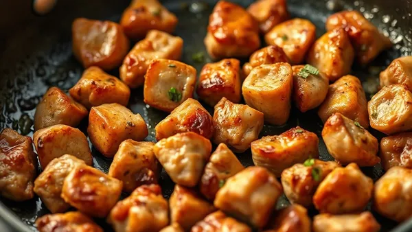 Iscas de frango douradas em frigideira de ferro, levemente crocantes por fora
