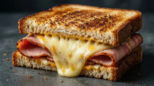 Misto quente cortado na diagonal com queijo derretido escorrendo entre as fatias de pão douradas