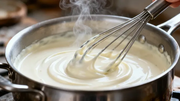 Molho branco cremoso sendo mexido na panela