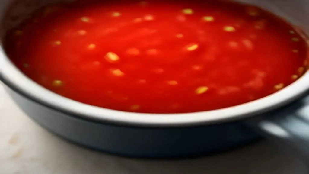 Molho de tomate caseiro vermelho vivo borbulhando em panela, com pedaços de alho visíveis na superfície