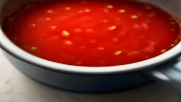 Molho de tomate caseiro vermelho vivo borbulhando em panela, com pedaços de alho visíveis na superfície