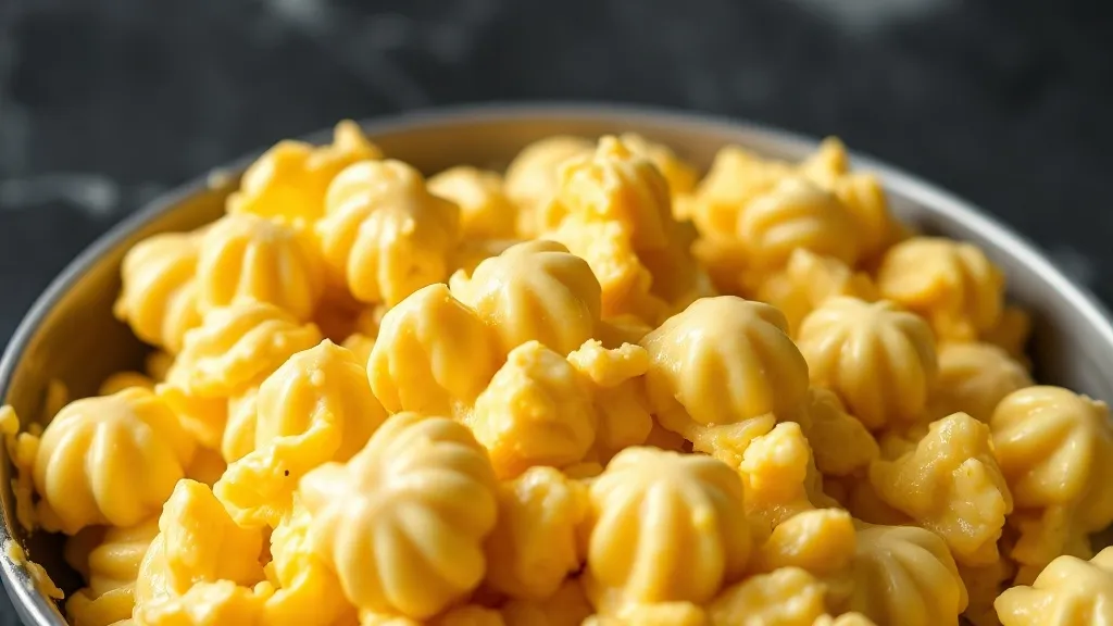 Ovos mexidos cremosos em prato branco com cebolinha picada, textura macia e brilhante, garfo ao lado