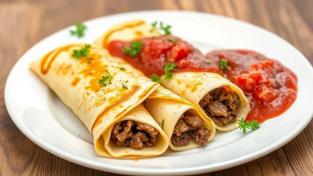 Prato com panquecas de carne moída enroladas, cobertas com molho de tomate e queijo gratinado