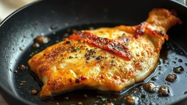 Filé de peixe dourado e crocante sendo virado numa frigideira quente, com a pele soltando naturalmente da superfície