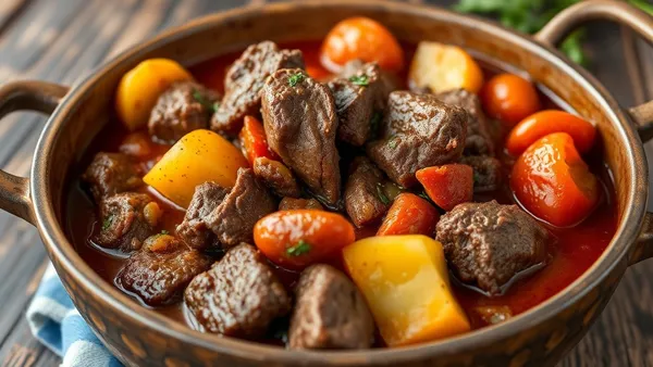 Picadinho de carne com batatas em panela rústica, molho espesso com tomate e temperos
