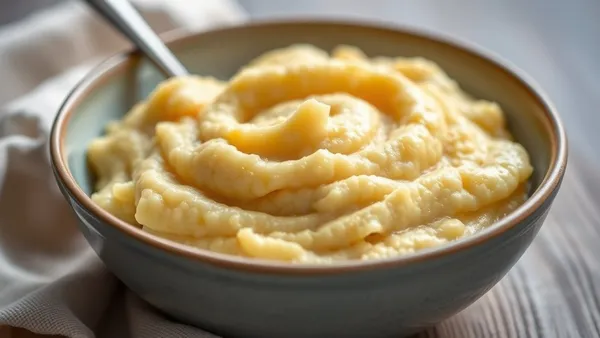 Tigela de polenta cremosa amarela e brilhante com um fio de azeite e fubá ao redor sobre a mesa de madeira