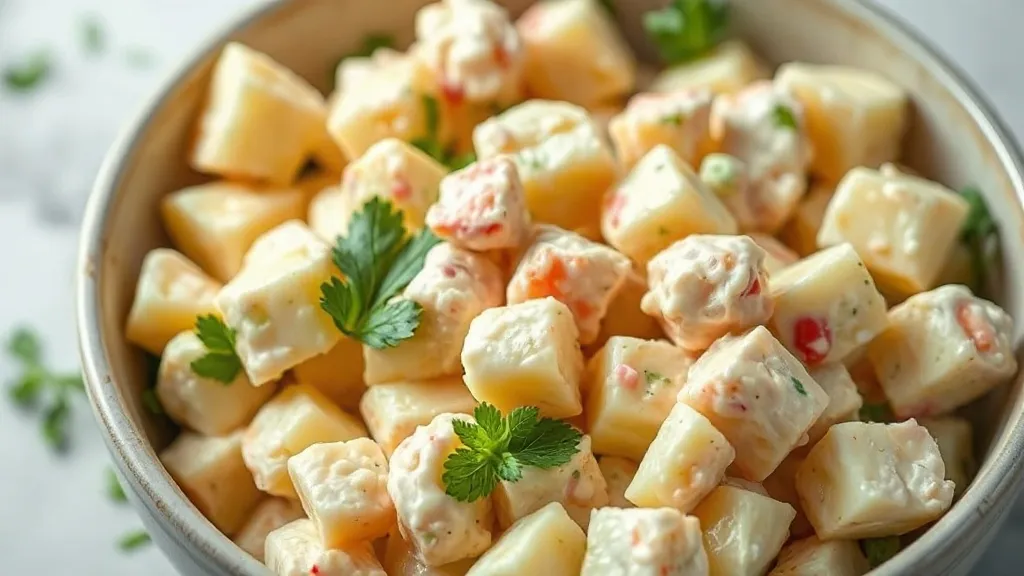 Salada de batata cremosa numa tigela funda, com pedaços de batata, cenoura e ervilha visíveis, salsinha picada por cima