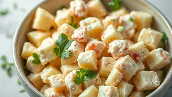 Salada de batata cremosa numa tigela funda, com pedaços de batata, cenoura e ervilha visíveis, salsinha picada por cima