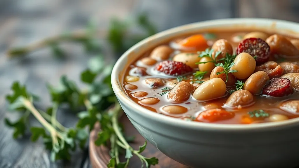 Tigela funda com sopa de feijão caldo escuro com pedaços de linguiça defumada, cenoura e batata, servida com fatia de pão rústico ao lado