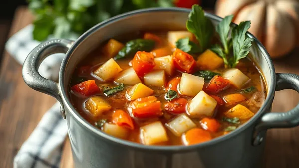 Panela funda com sopa de legumes caseira, caldo dourado, pedaços de cenoura, batata e vagem visíveis, servida em tigela de cerâmica