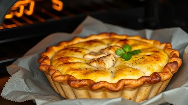 Fatia de torta salgada de frango com massa amarelada dourada e recheio visível, servida num prato branco com salada simples ao lado