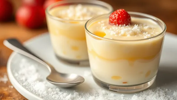 Tigela rústica de ambrosia gaúcha cor de caramelo claro, pedaços de ovo cozido no doce espesso e brilhante sobre mesa de madeira