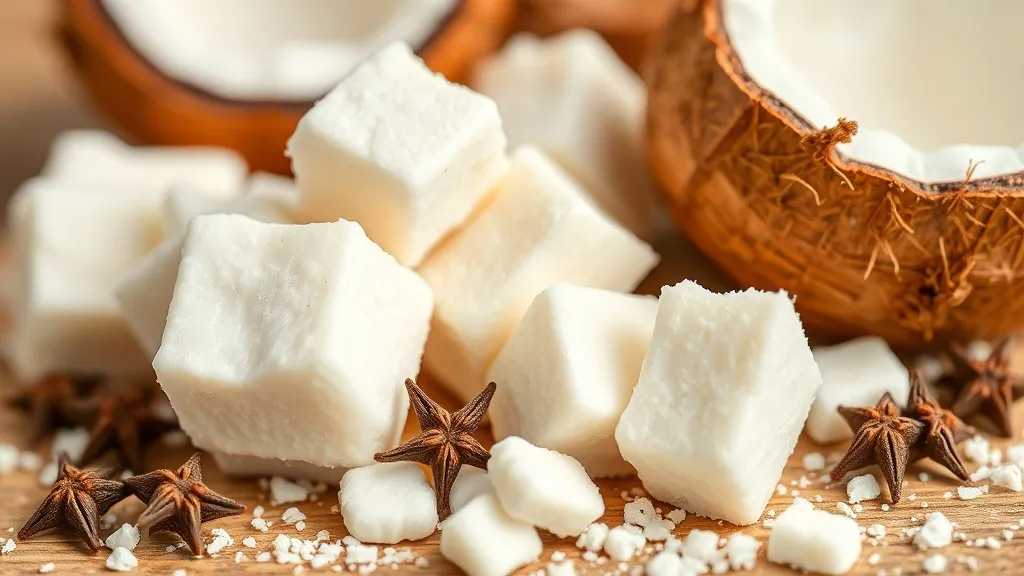 Beijinhos de coco enrolados em bolinhas brancas com cravo da índia espetado, dispostos em forminhas brancas e fundo de mesa rústica