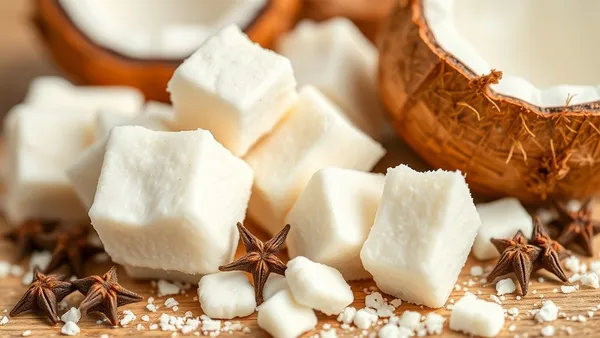 Beijinhos de coco enrolados em bolinhas brancas com cravo da índia espetado, dispostos em forminhas brancas e fundo de mesa rústica