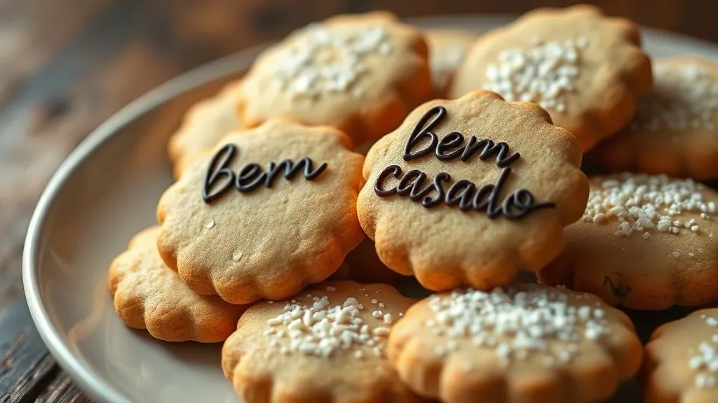 Bem-casados embrulhados em papel celofane com fita, e ao lado um aberto mostrando a massa clara e macia com recheio de doce de leite