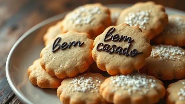 Bem-casados embrulhados em papel celofane com fita, e ao lado um aberto mostrando a massa clara e macia com recheio de doce de leite