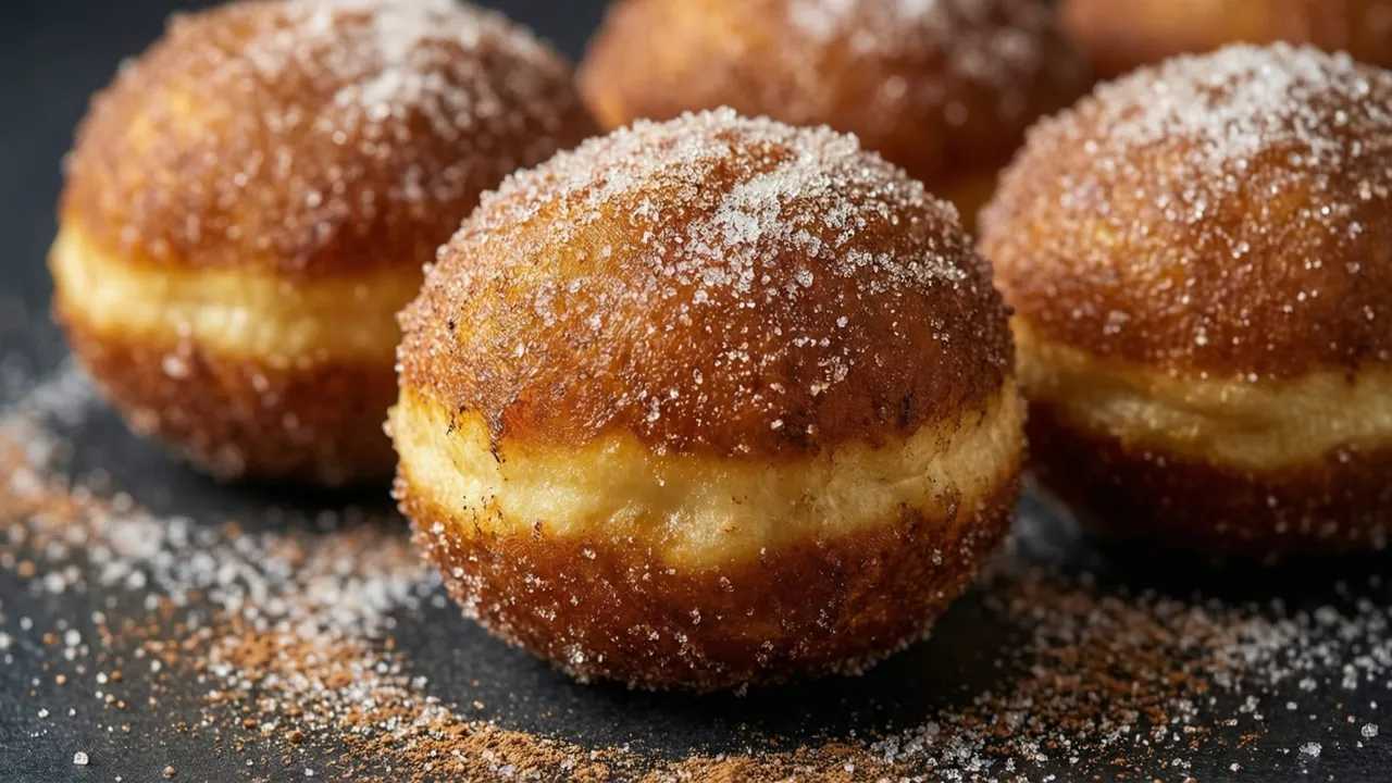 Bolinhos de chuva dourados polvilhados com açúcar e canela