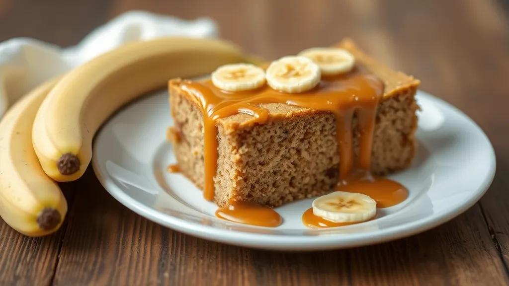 Bolo de banana fatiado sobre prato de madeira com calda de caramelo escorrendo pelas laterais e rodelas de banana caramelizadas no topo
