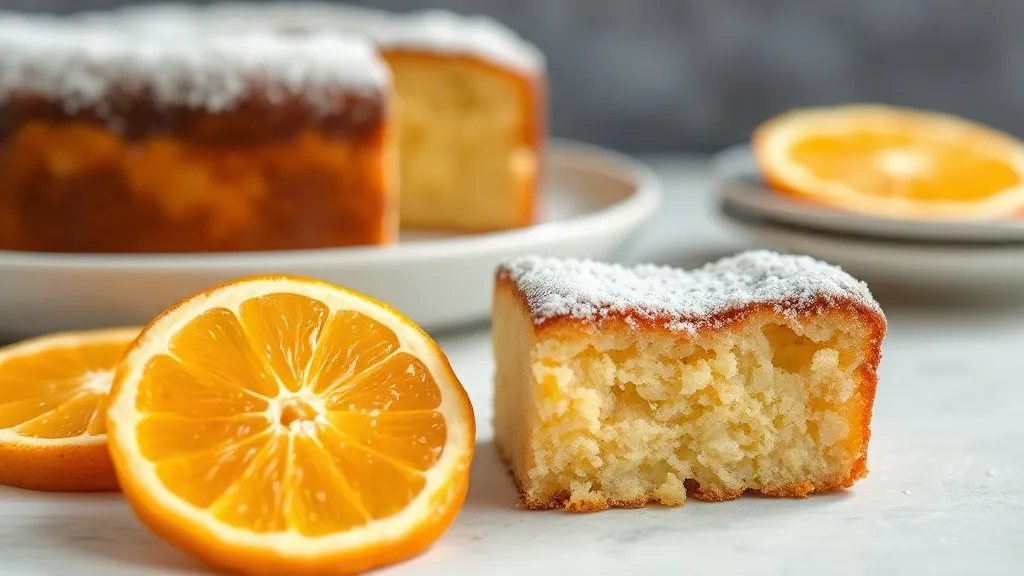 Fatia de bolo de laranja fofinho e úmido com calda dourada escorrendo, ao lado de gomos de laranja sobre prato branco