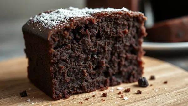 Fatia de bolo de mel de engenho escuro com casca rachada e miolo úmido, sobre tábua de madeira