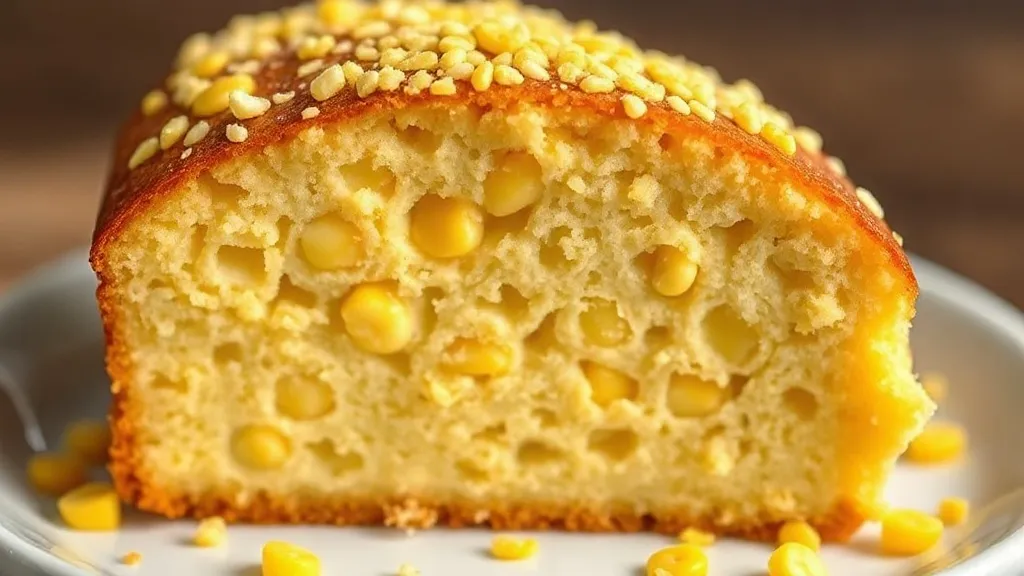 Fatia de bolo de milho verde cremoso e amarelo intenso, textura densa e úmida, sobre prato branco