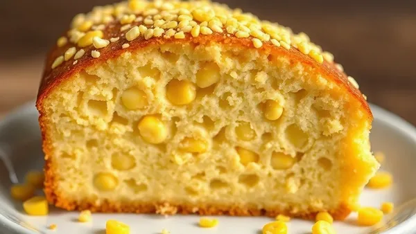 Fatia de bolo de milho verde cremoso e amarelo intenso, textura densa e úmida, sobre prato branco