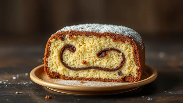Fatias de bolo de rolo pernambucano mostrando espirais finas de massa com goiabada vermelha entre as camadas