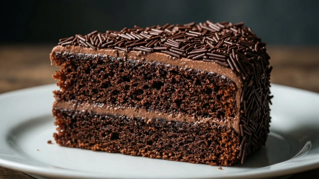 Fatia de bolo formigueiro mostrando o granulado de chocolate distribuído por toda a massa