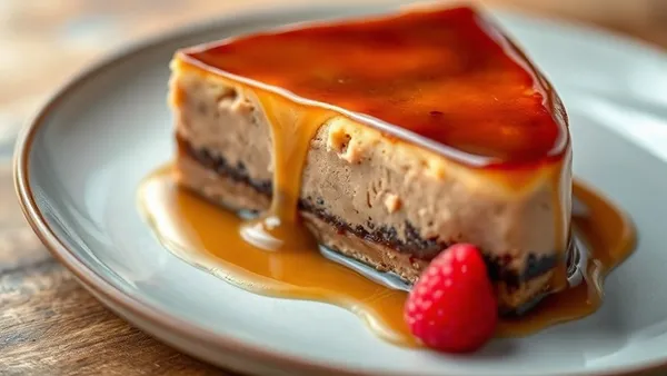Fatia de brigadeirão de chocolate cremoso com calda escura escorrendo pela lateral