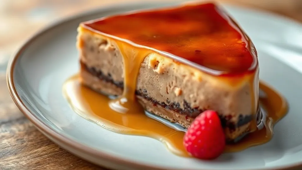 Fatia de brigadeirão de chocolate cremoso com calda escura escorrendo pela lateral