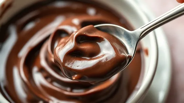Tigela rasa com brigadeiro de colher brilhante e cremoso, colher mergulhada formando rastro, granulado de chocolate por cima