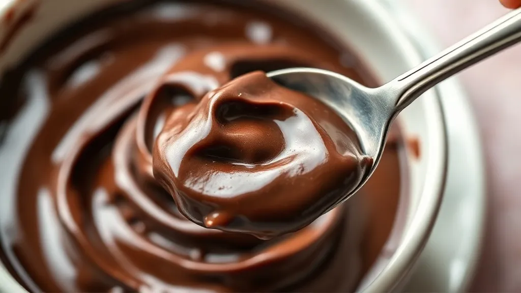 Tigela rasa com brigadeiro de colher brilhante e cremoso, colher mergulhada formando rastro, granulado de chocolate por cima