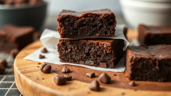 Brownie de chocolate caseiro cortado em quadrados sobre tábua de madeira, mostrando miolo denso e fudgy com casca quebradiça