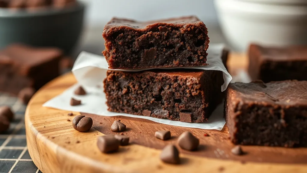 Brownie de chocolate caseiro cortado em quadrados sobre tábua de madeira, mostrando miolo denso e fudgy com casca quebradiça