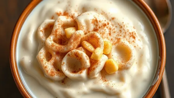 Panela de canjica cremosa cor de marfim com leite de coco e canela polvilhada por cima, colher de pau à beira da panela mostrando a textura encorpada