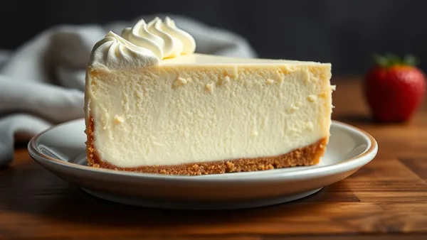 Fatia de cheesecake cremoso com superfície lisa e sem rachaduras sobre prato branco