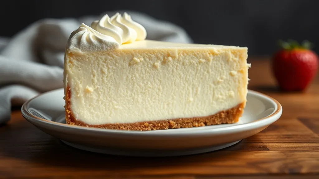 Fatia de cheesecake cremoso com superfície lisa e sem rachaduras sobre prato branco
