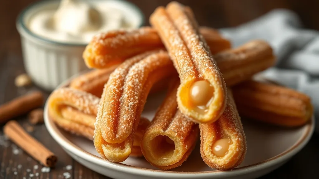 Pilha de churros caseiros polvilhados com açúcar e canela, um deles partido mostrando o recheio de doce de leite escorrendo