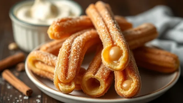 Pilha de churros caseiros polvilhados com açúcar e canela, um deles partido mostrando o recheio de doce de leite escorrendo
